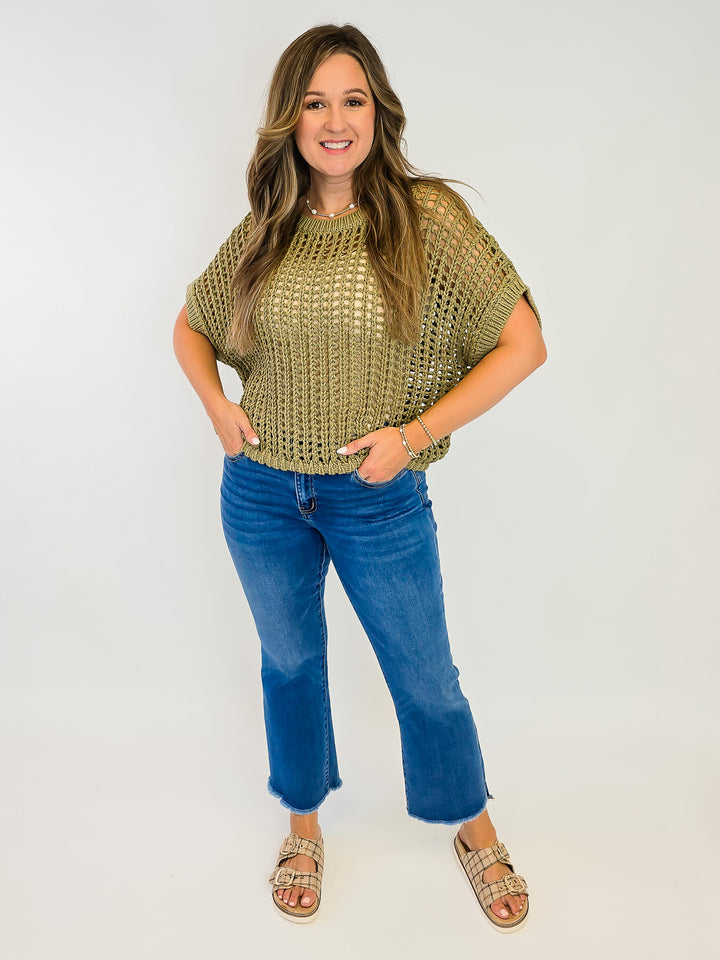 CROCHET KNIT SHORT SLEEVE SWEATER TOP - DRY HERB