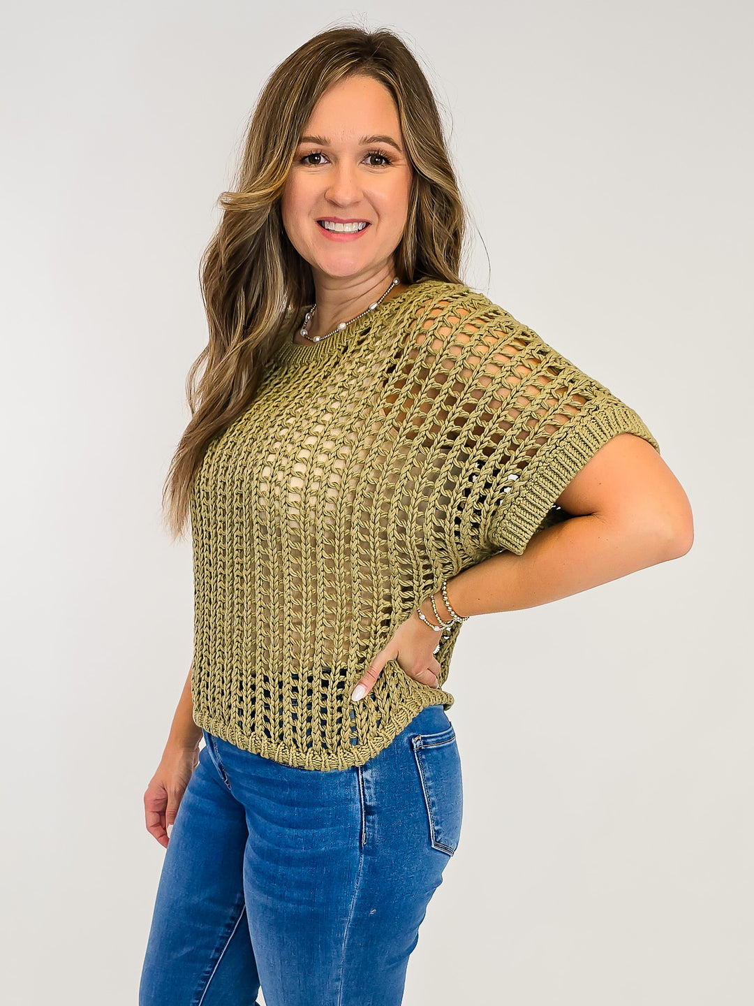 CROCHET KNIT SHORT SLEEVE SWEATER TOP - DRY HERB