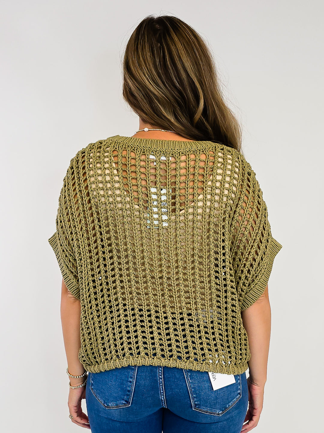 CROCHET KNIT SHORT SLEEVE SWEATER TOP - DRY HERB