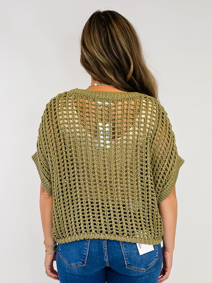 CROCHET KNIT SHORT SLEEVE SWEATER TOP - DRY HERB