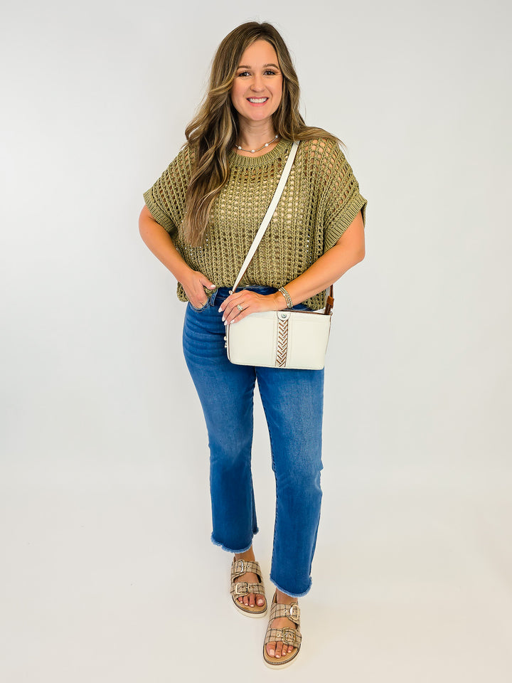 CROCHET KNIT SHORT SLEEVE SWEATER TOP - DRY HERB