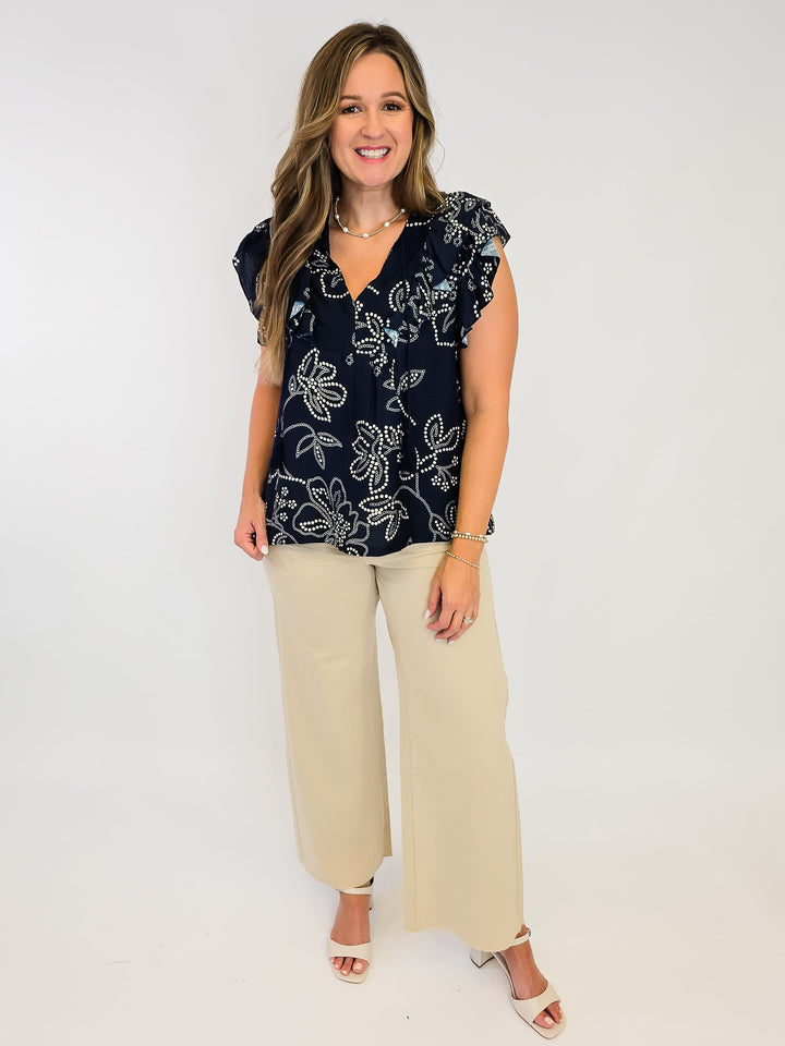 RUFFLE SLEEVE DOTTED FLORAL PRINT TOP - NAVY
