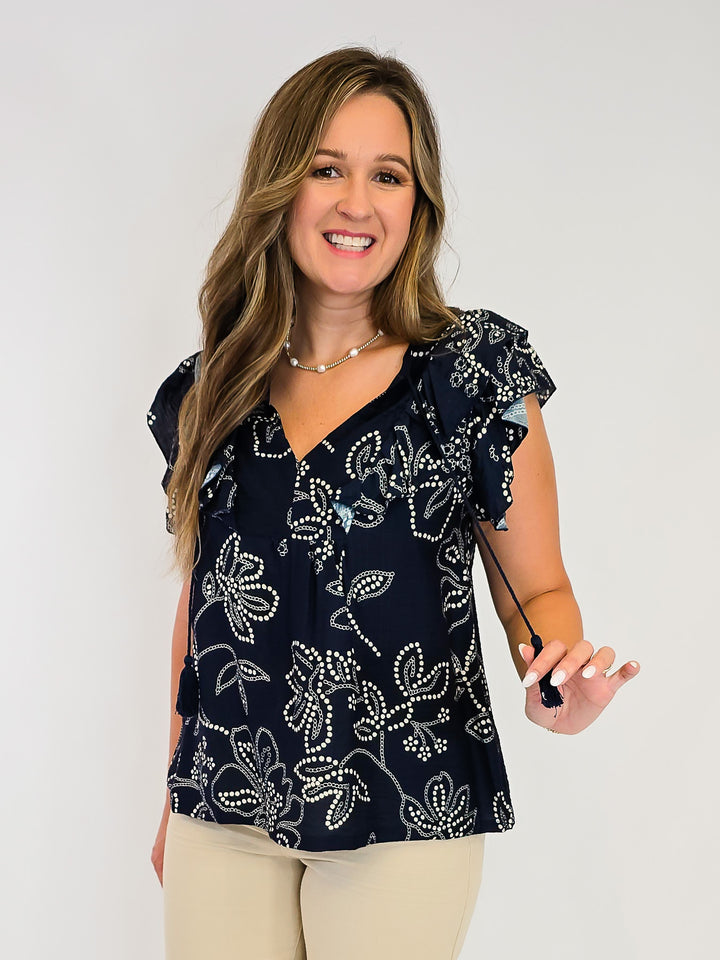 RUFFLE SLEEVE DOTTED FLORAL PRINT TOP - NAVY