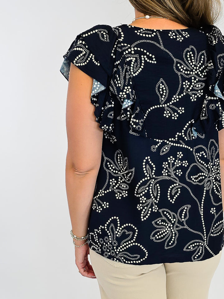 RUFFLE SLEEVE DOTTED FLORAL PRINT TOP - NAVY
