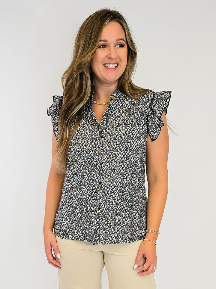 RUFFLE SLEEVE DITSY FLORAL BUTTON TOP - BLUE