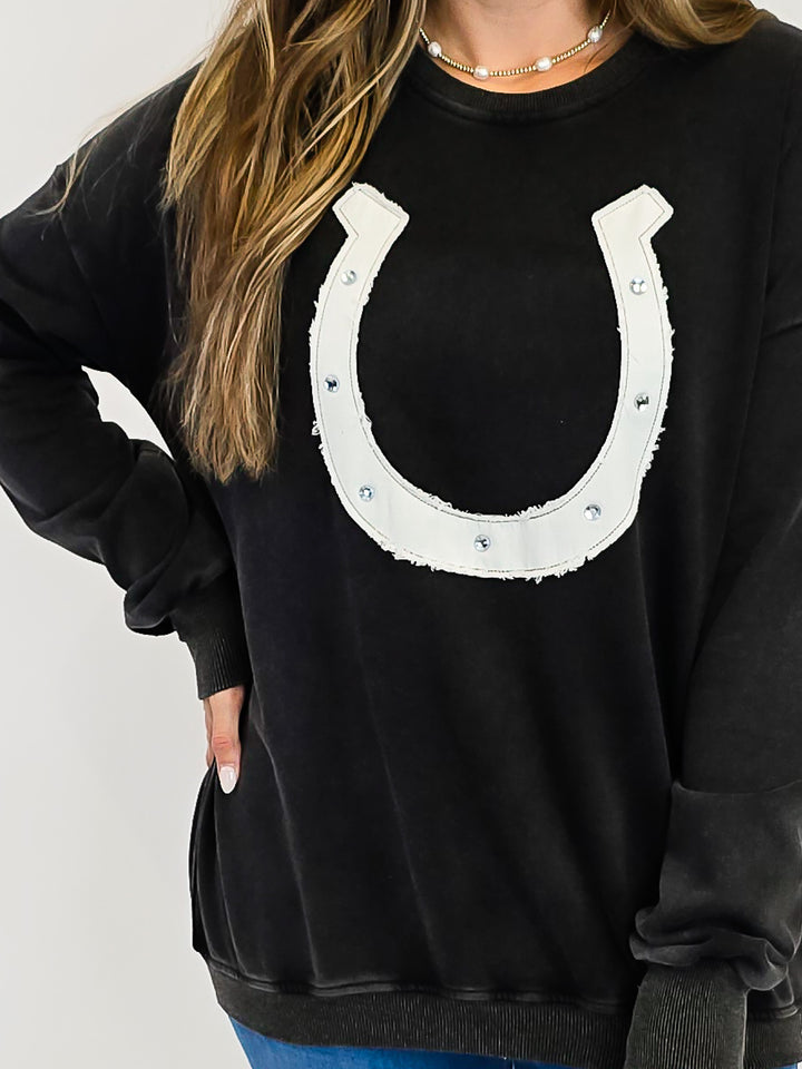 SNOW WASHED HORSE SHOE PULLOVER - ASH BLACK