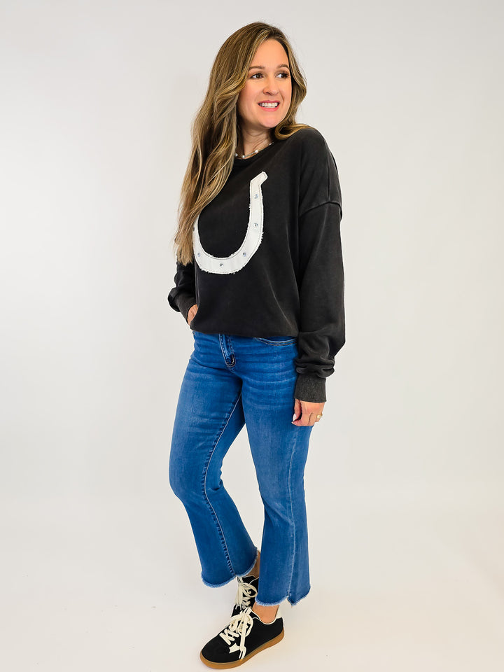 SNOW WASHED HORSE SHOE PULLOVER - ASH BLACK