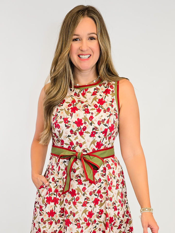 SLEEVELESS FLORAL PRINT MIDI DRESS W/BELT - ECRU