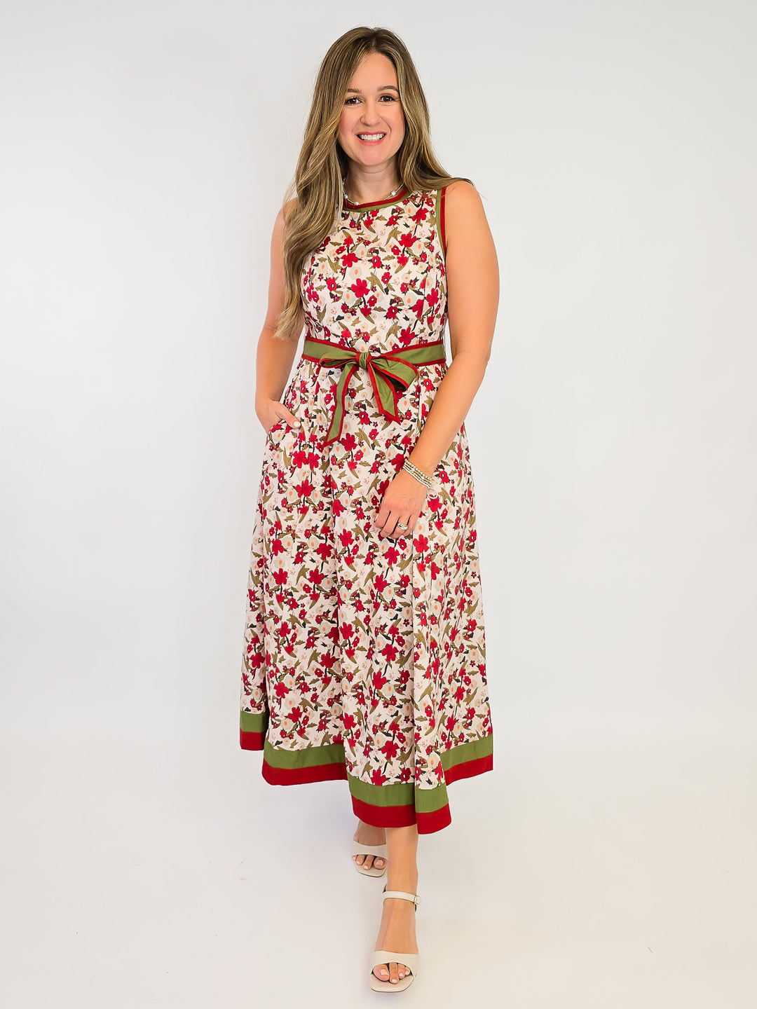 SLEEVELESS FLORAL PRINT MIDI DRESS W/BELT - ECRU