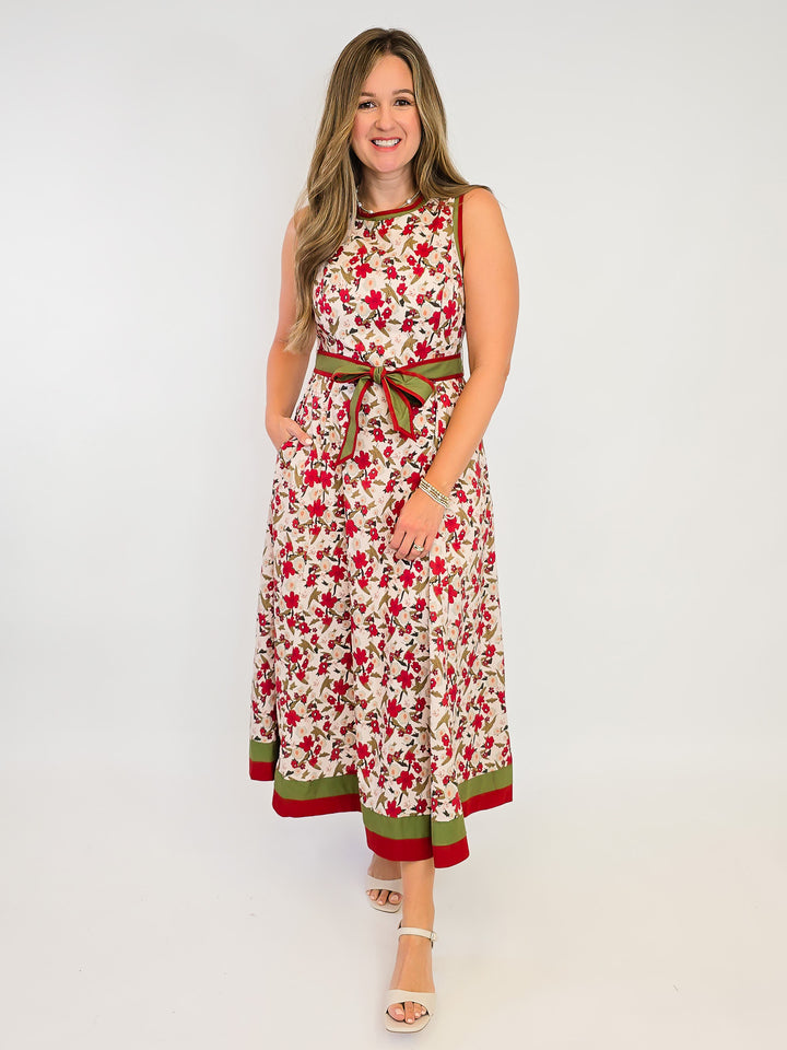 SLEEVELESS FLORAL PRINT MIDI DRESS W/BELT - ECRU