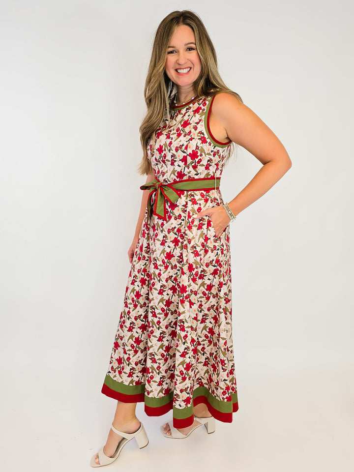 SLEEVELESS FLORAL PRINT MIDI DRESS W/BELT - ECRU