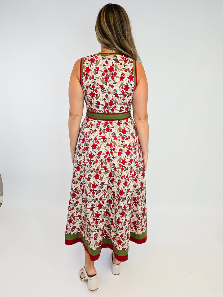 SLEEVELESS FLORAL PRINT MIDI DRESS W/BELT - ECRU