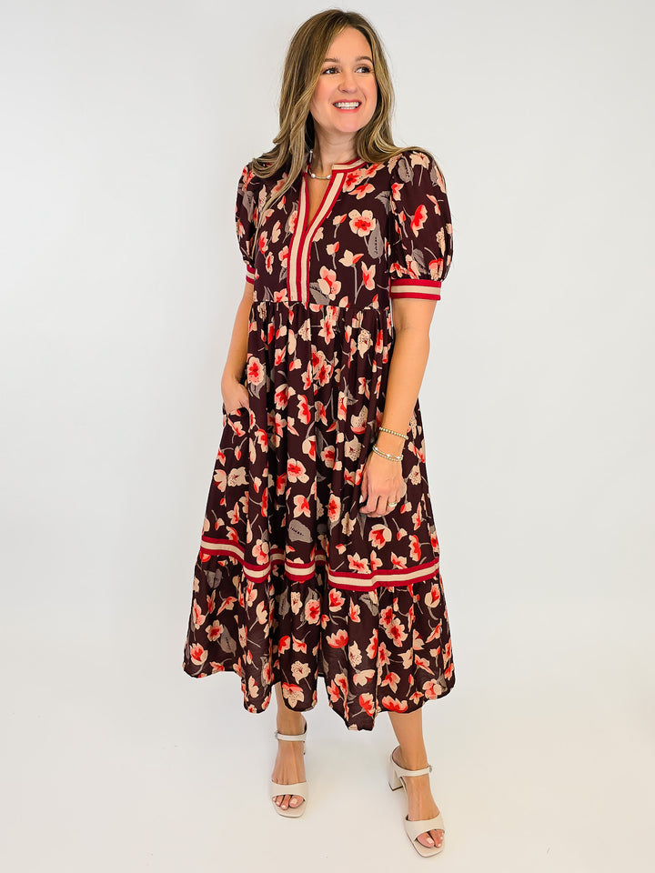 FLORAL PRINT BAND ACCENT TIERED MIDI DRESS - BROWN