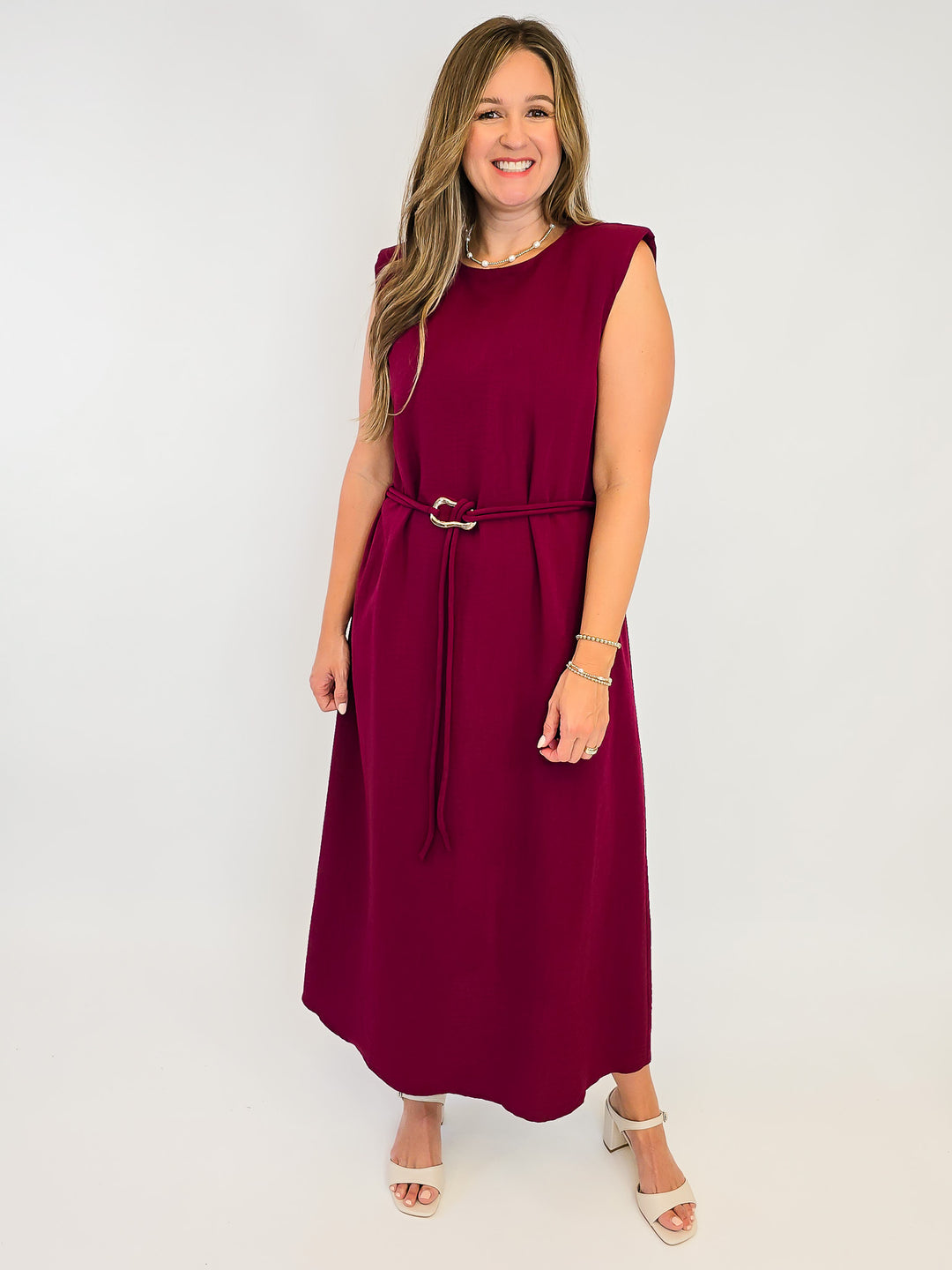 SOLID MIDI SLEEVELESS DRESS - BURGUNDY