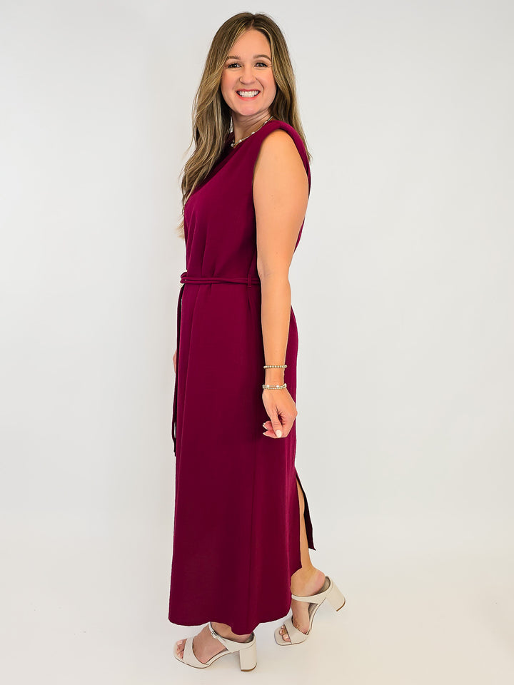 SOLID MIDI SLEEVELESS DRESS - BURGUNDY