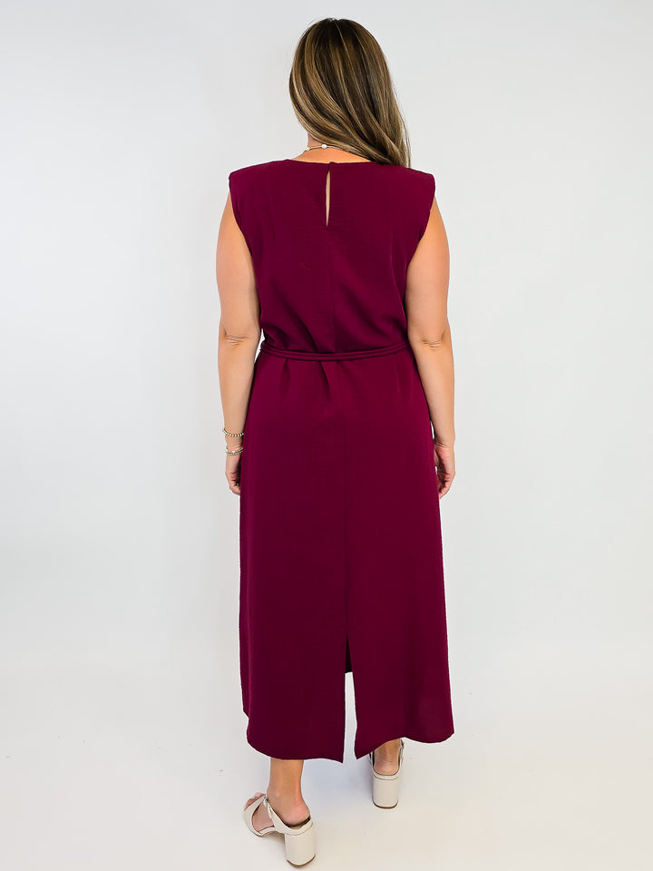 SOLID MIDI SLEEVELESS DRESS - BURGUNDY