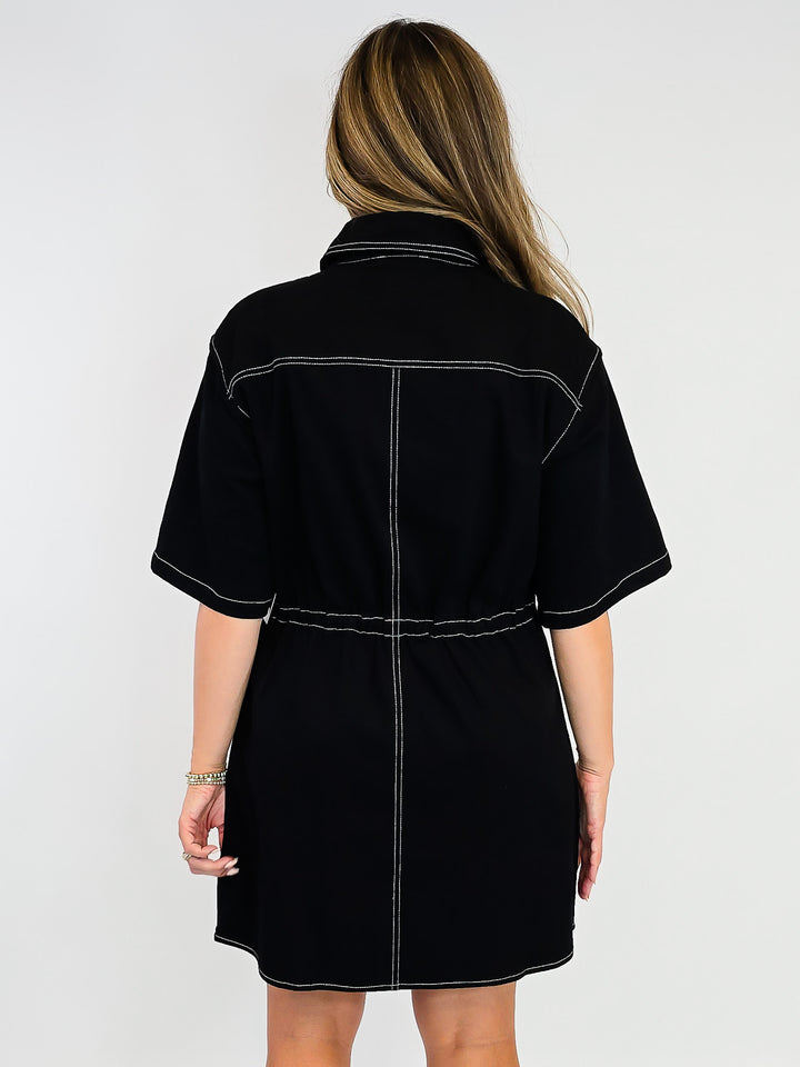 BUTTON DOWN CONTRAST STITCHING SHORT DRESS - BLACK