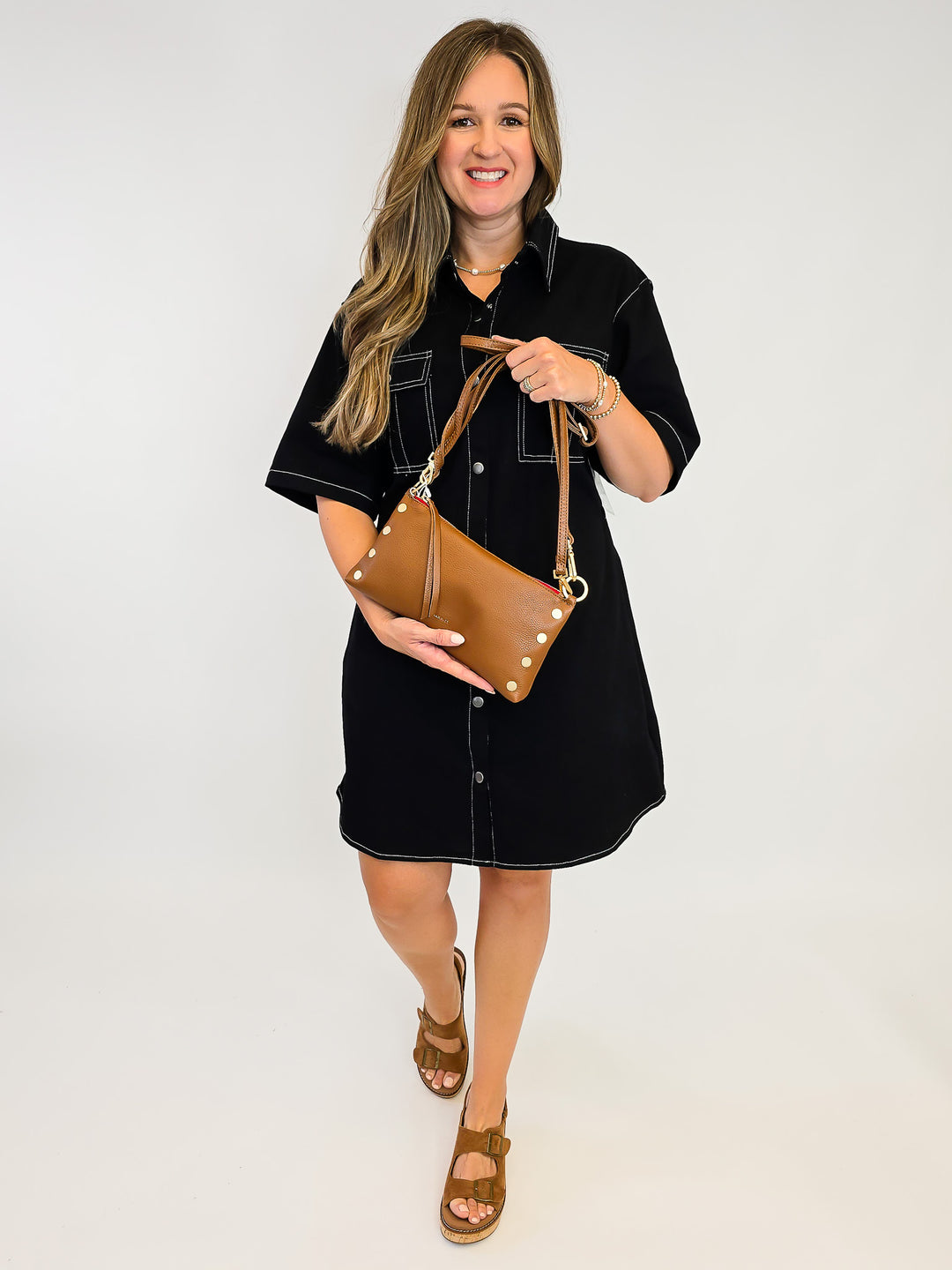 BUTTON DOWN CONTRAST STITCHING SHORT DRESS - BLACK