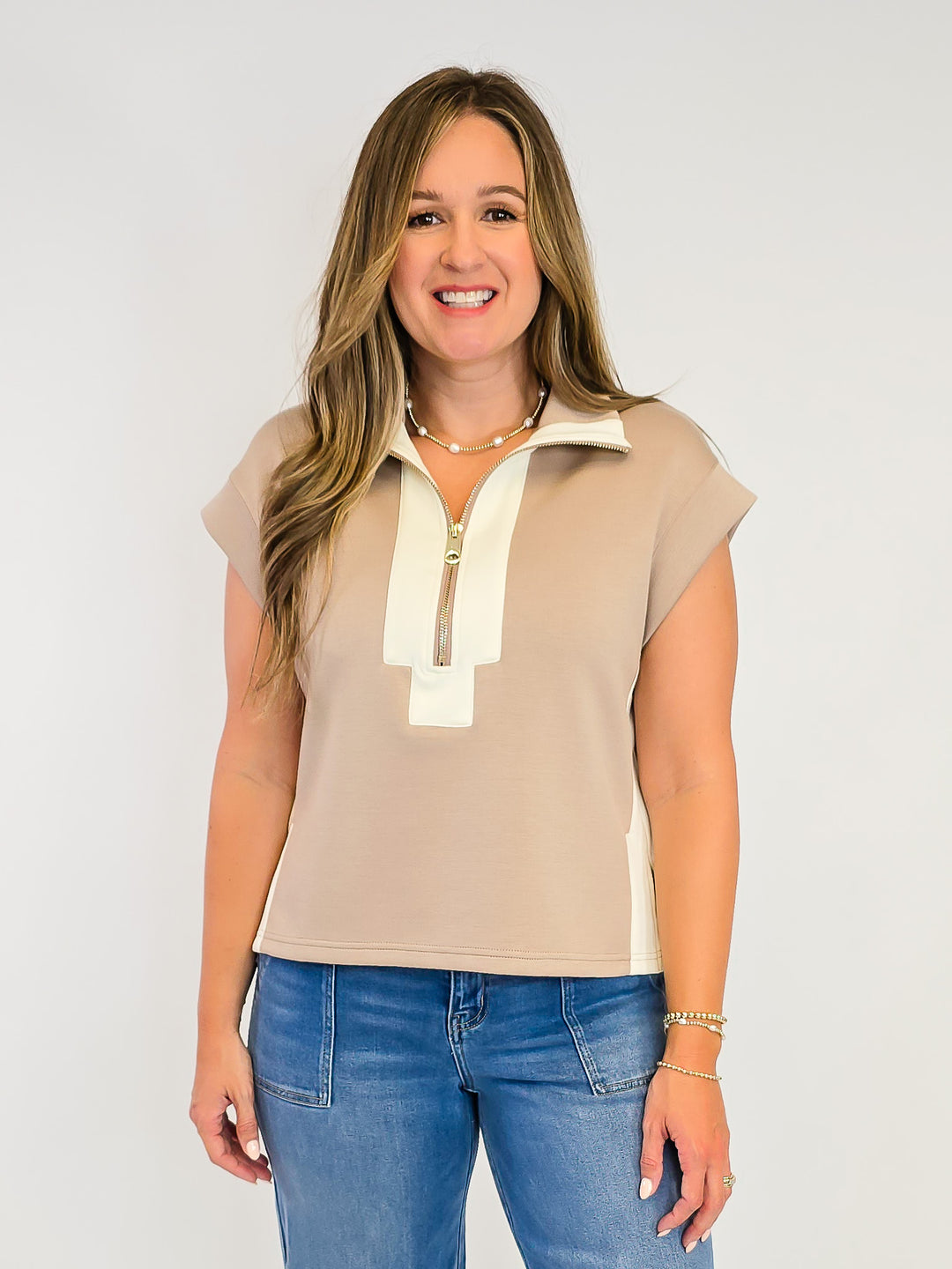 CONTRAST HALF ZIP SCUBA TOP - LT TAUPE/CREAM