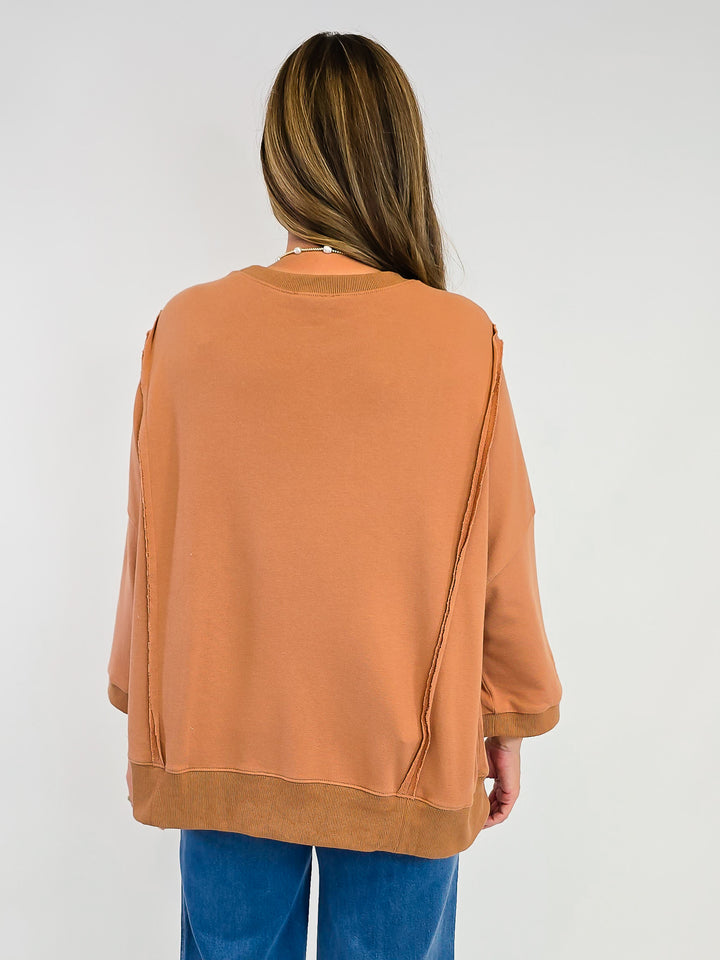 BOW PATCH BOTTOM HEM WASHED TERRY PULLOVER - CAMEL