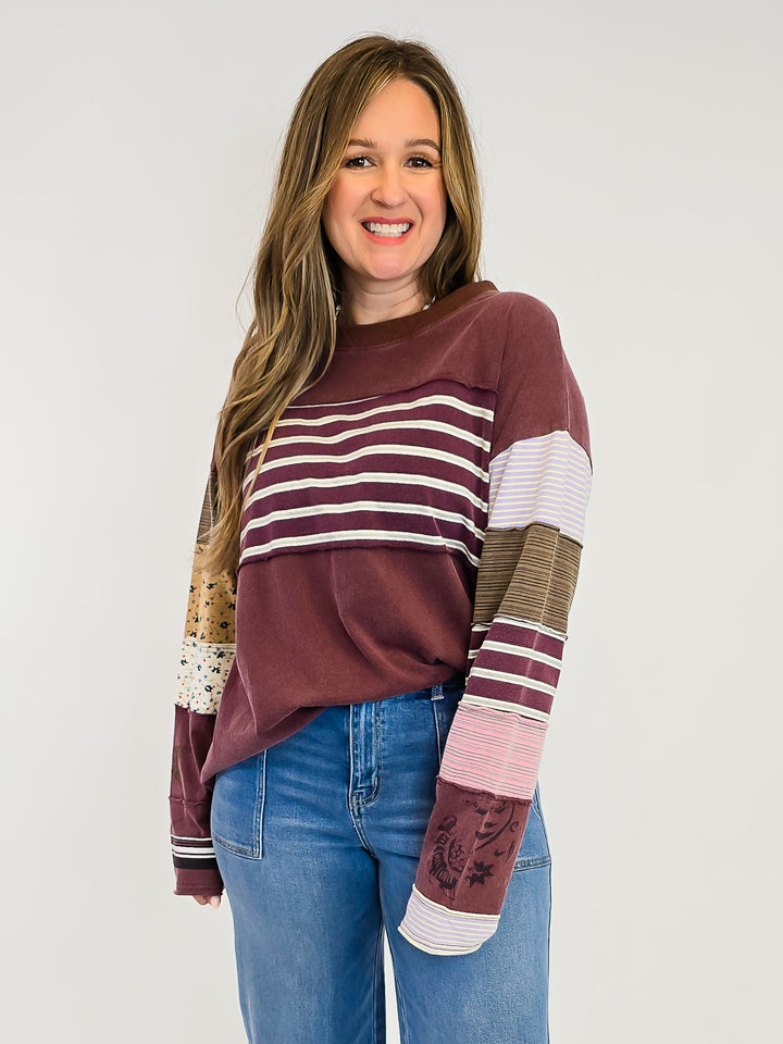 STRIPE MIX TERRY SOFT WASHED PULLOVER - GRAPE