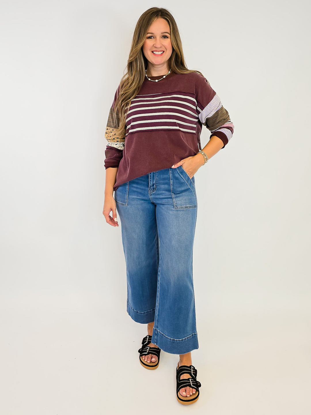 STRIPE MIX TERRY SOFT WASHED PULLOVER - GRAPE