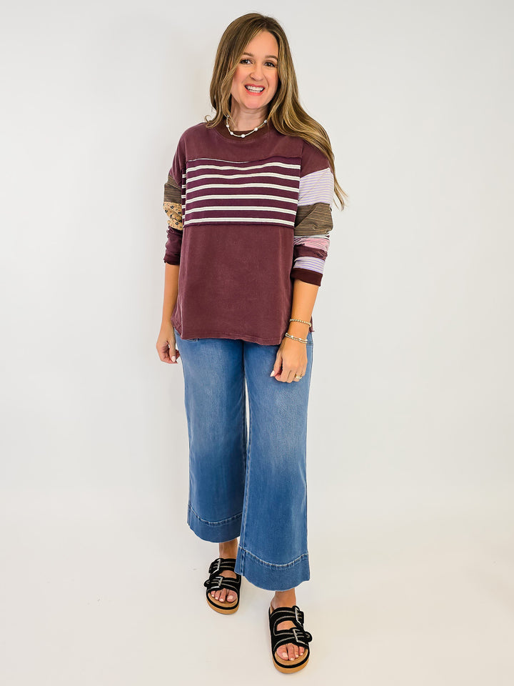 STRIPE MIX TERRY SOFT WASHED PULLOVER - GRAPE