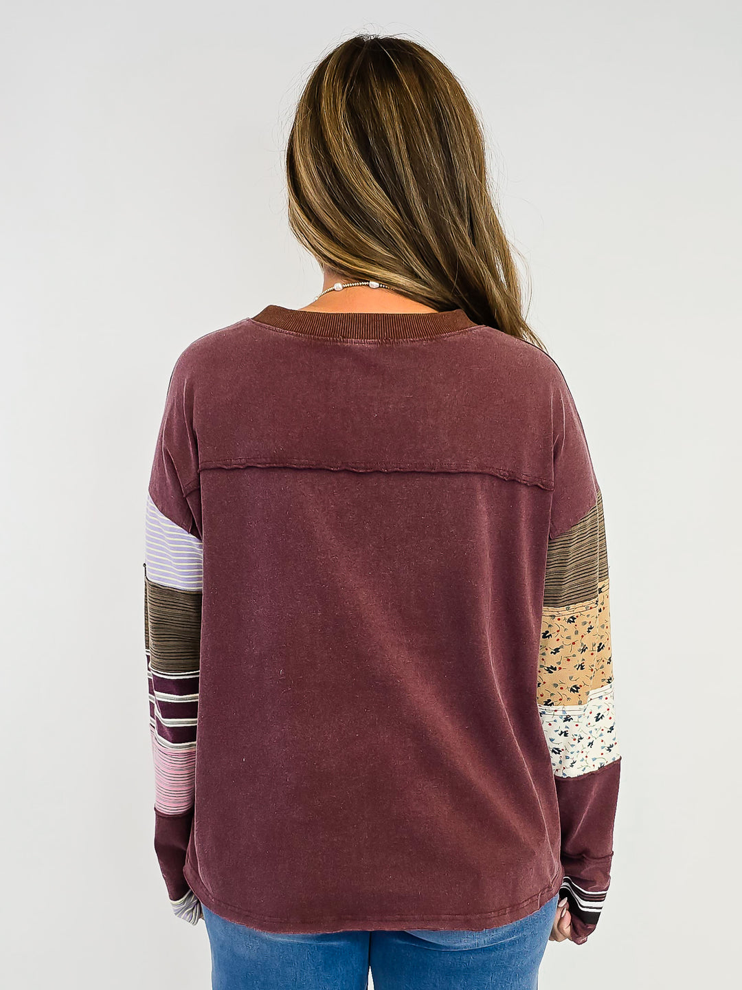 STRIPE MIX TERRY SOFT WASHED PULLOVER - GRAPE