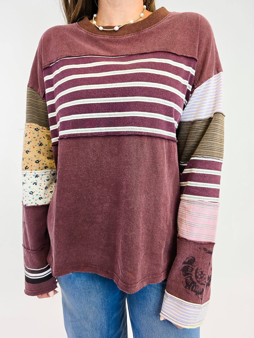 STRIPE MIX TERRY SOFT WASHED PULLOVER - GRAPE