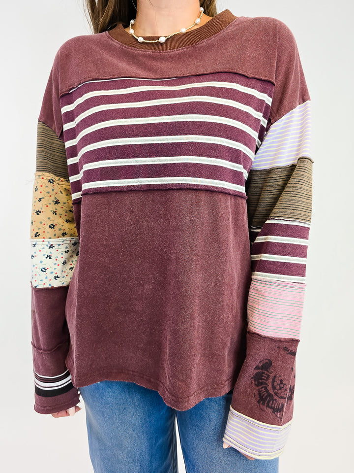 STRIPE MIX TERRY SOFT WASHED PULLOVER - GRAPE