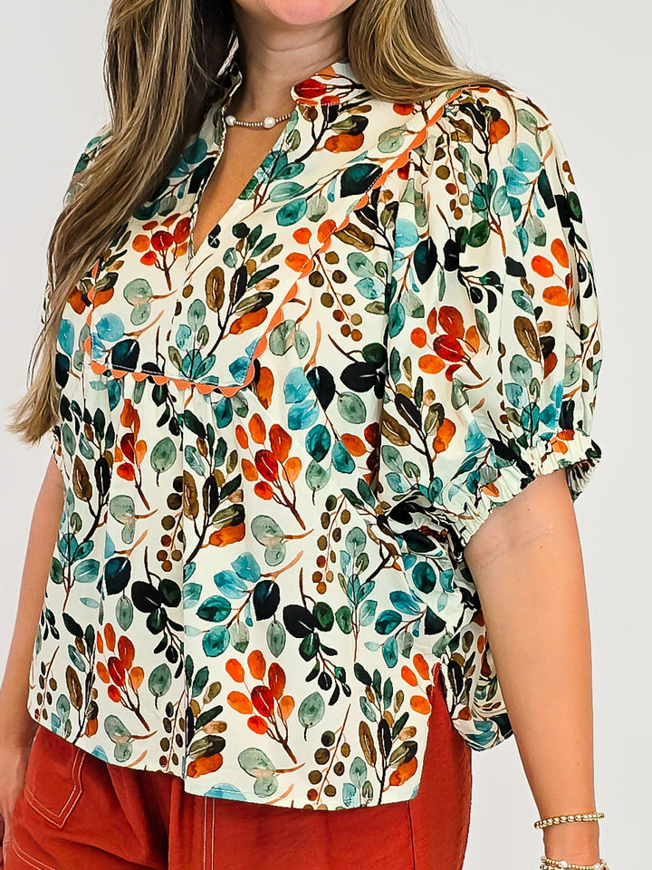 BOTANICAL PRINT V-NECK BAND COLLAR TOP - ECRU