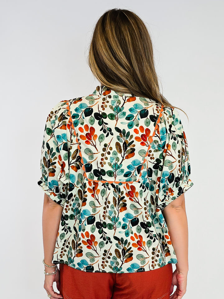 BOTANICAL PRINT V-NECK BAND COLLAR TOP - ECRU