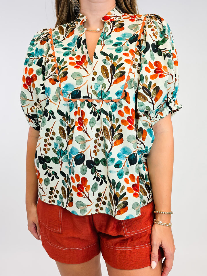 BOTANICAL PRINT V-NECK BAND COLLAR TOP - ECRU
