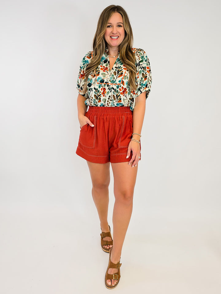 HIGH WAIST PULL ON SHORTS - TERRA COTTA