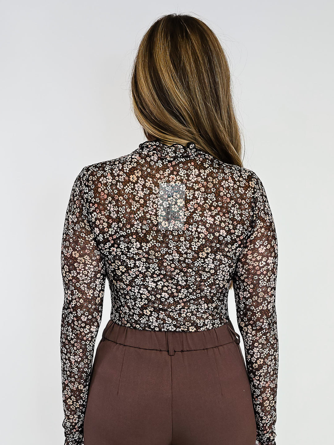 MOCK NECK CABBAGE HEM PRINTED MESH LONG SLEEVE TOP - BLACK