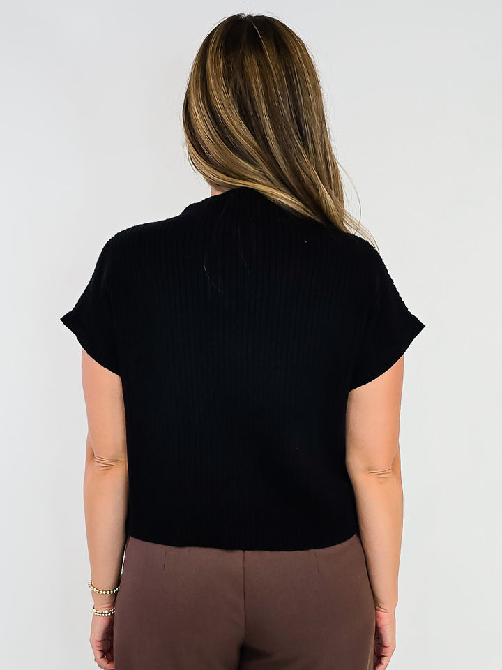 RIBBED MOCK NECK CAP SLEEVE SWEATER - BLACK