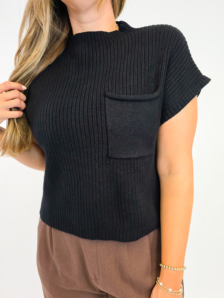 RIBBED MOCK NECK CAP SLEEVE SWEATER - BLACK