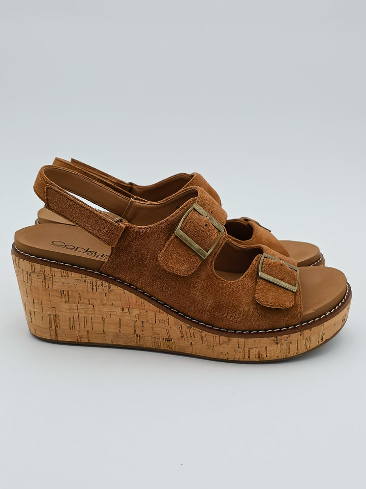 CORKY'S 'MY 2 CENTS' WEDGE BUCKLE SANDALS - TOBACCO FAUX SUEDE