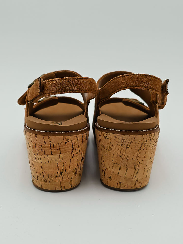 CORKY'S 'MY 2 CENTS' WEDGE BUCKLE SANDALS - TOBACCO FAUX SUEDE