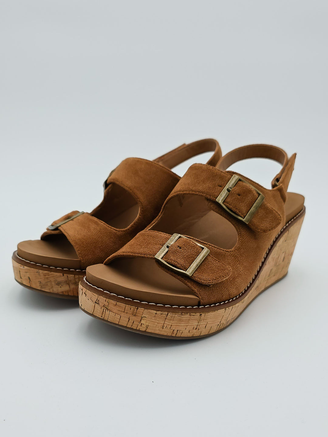 CORKY'S 'MY 2 CENTS' WEDGE BUCKLE SANDALS - TOBACCO FAUX SUEDE