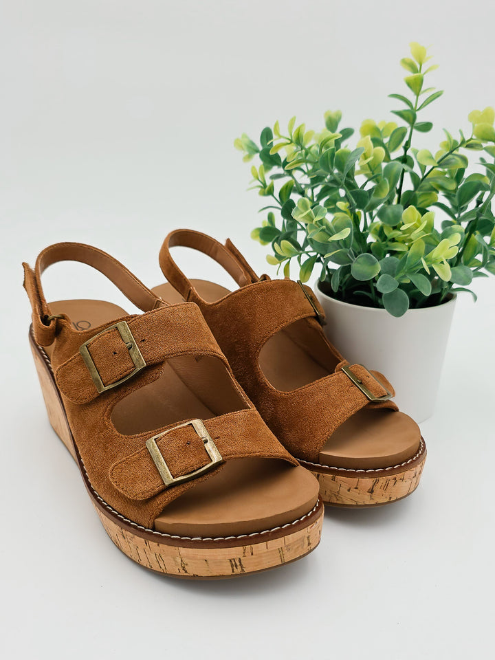 CORKY'S 'MY 2 CENTS' WEDGE BUCKLE SANDALS - TOBACCO FAUX SUEDE