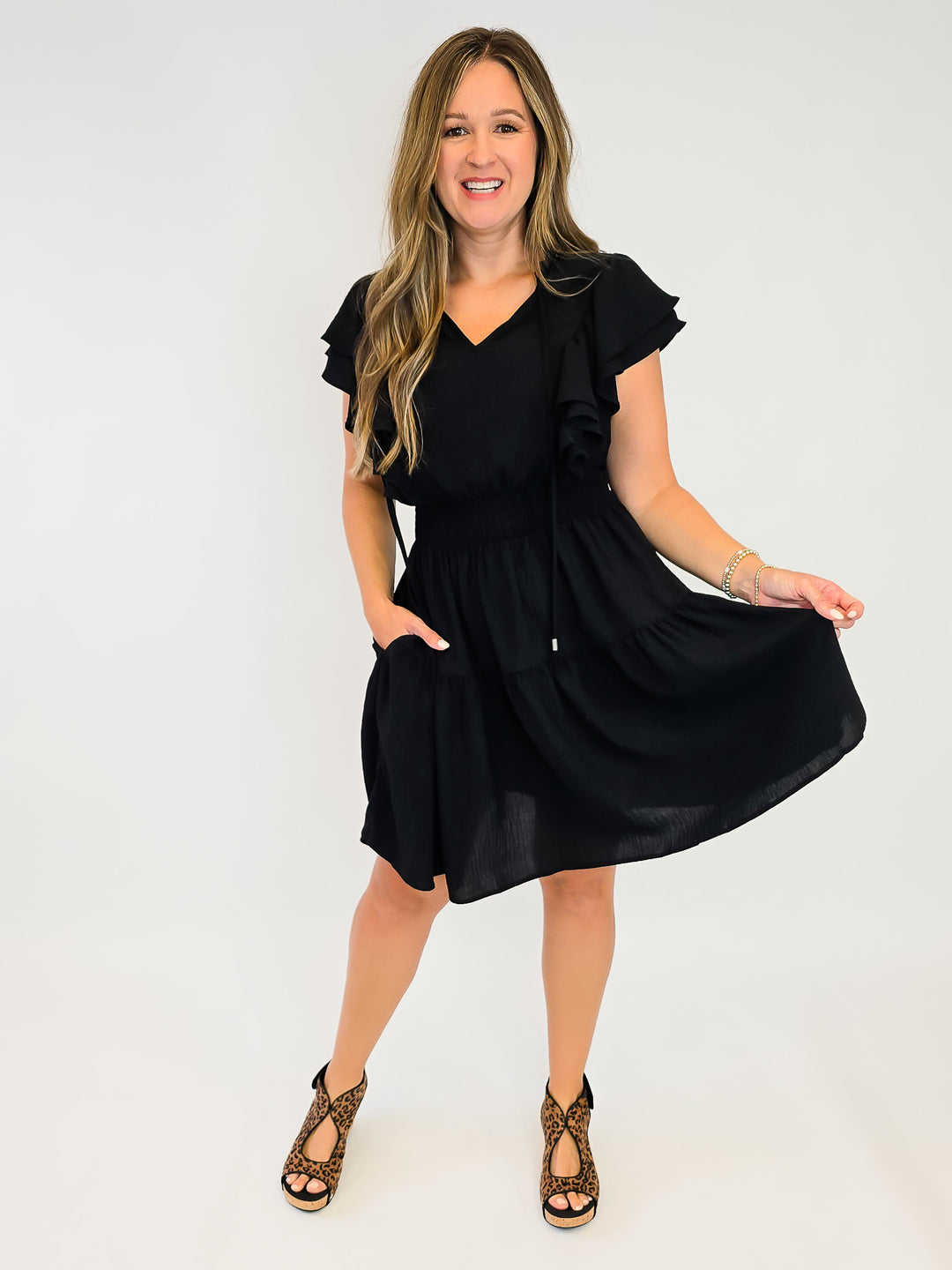 FLUTTER SLEEVE TIERED SHORT DRESS W/SMOCKED WAIST - BLACK
