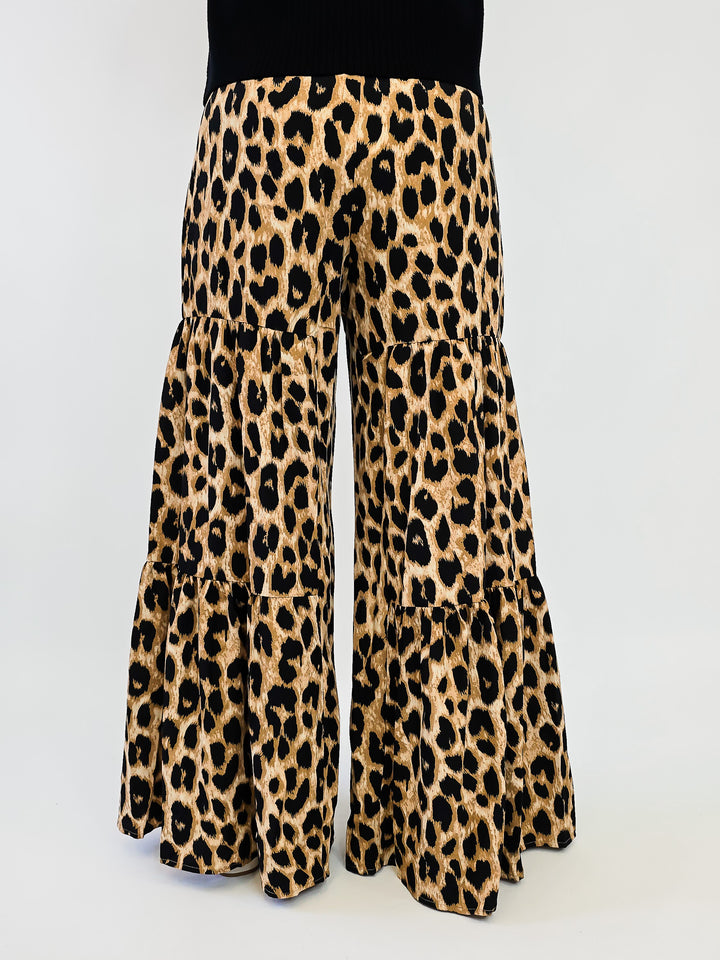 LEOPARD TIERED WIDE LEG PANTS - BROWN