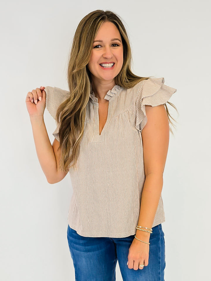 RUFFLE SLEEVE STRIPED NOTCHED V-NECK TOP - COCO
