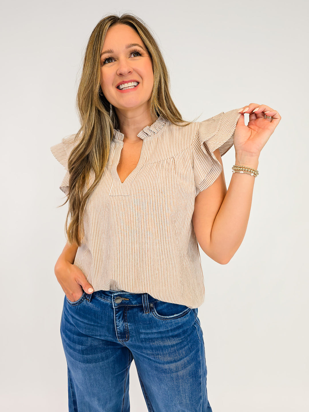 RUFFLE SLEEVE STRIPED NOTCHED V-NECK TOP - COCO