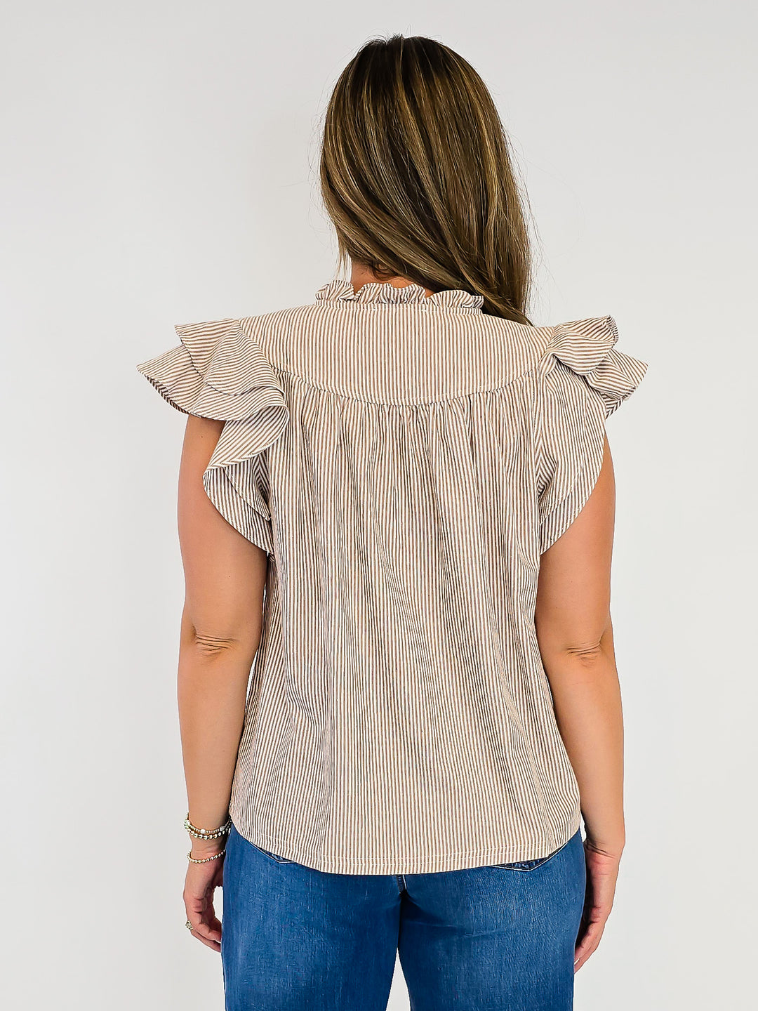 RUFFLE SLEEVE STRIPED NOTCHED V-NECK TOP - COCO
