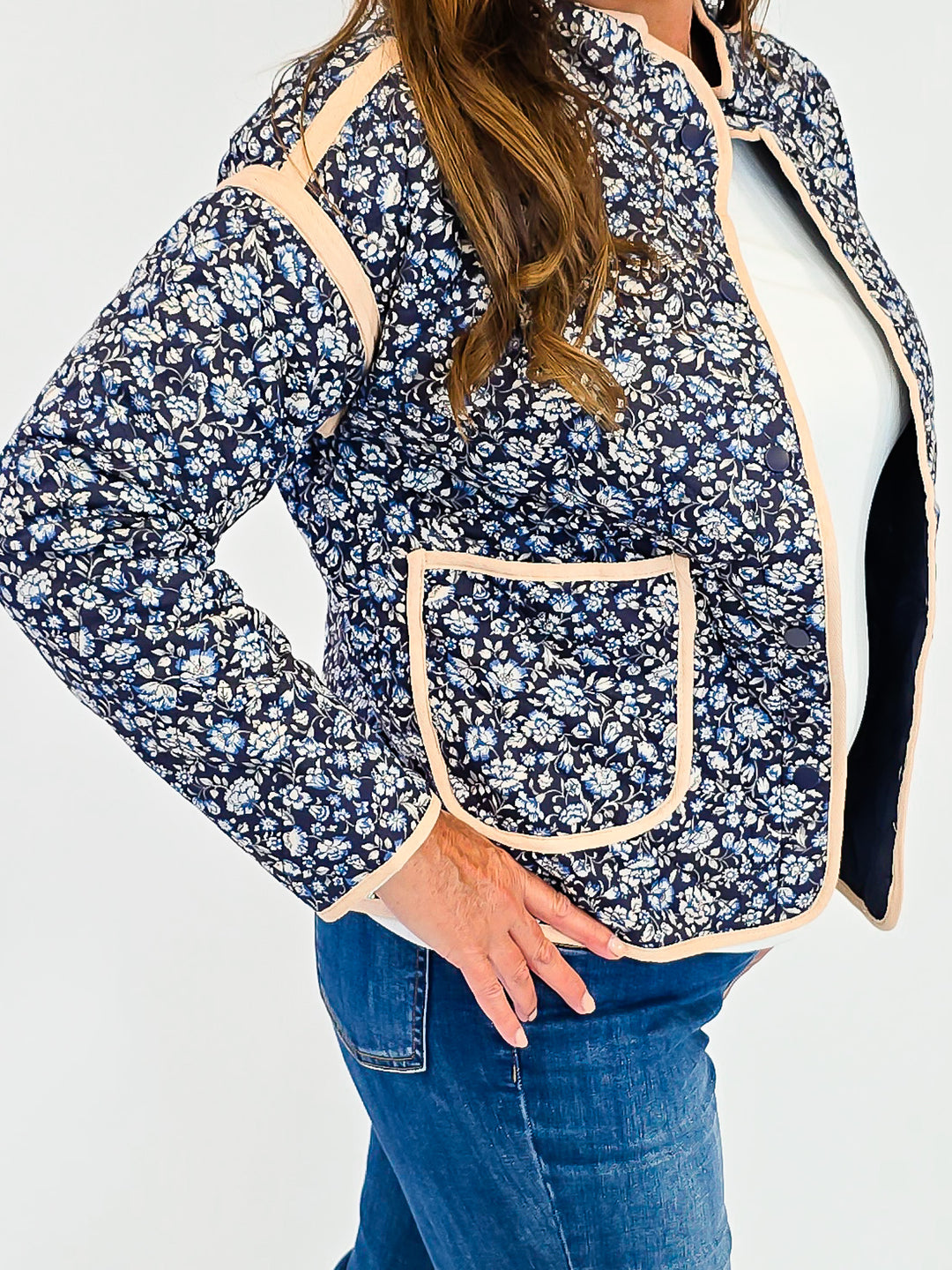 QUILTED LONG SLEEVE FLORAL JACKET - NAVY
