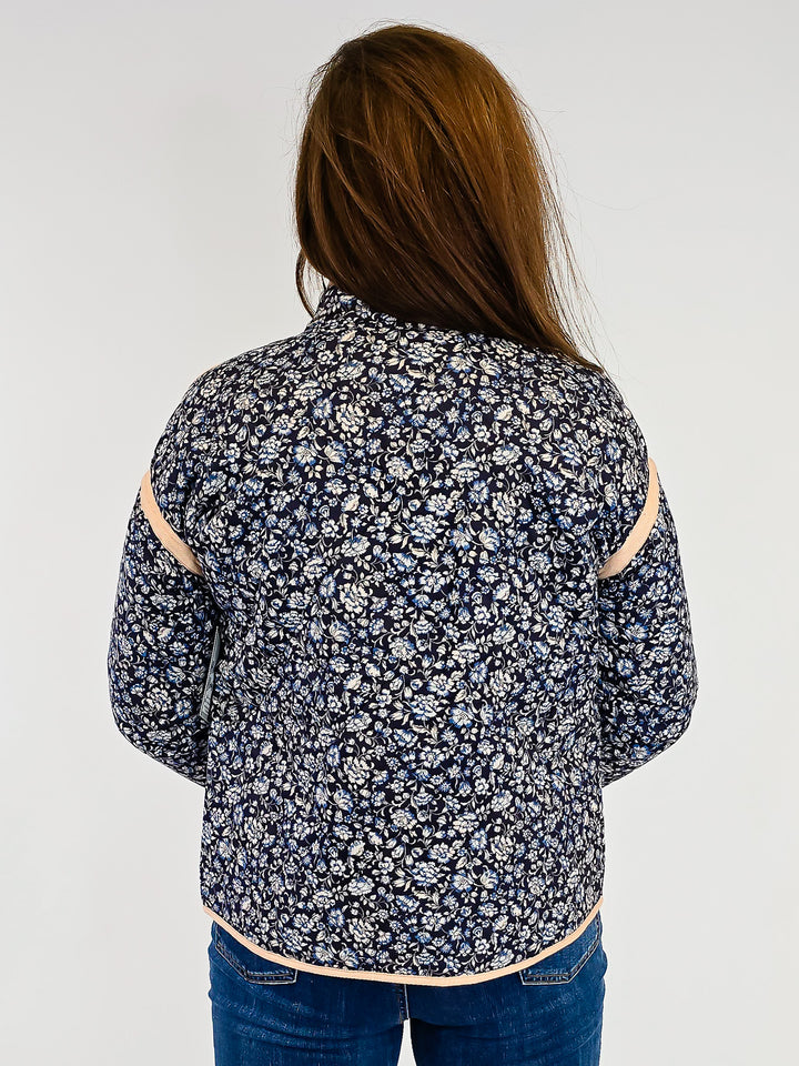 QUILTED LONG SLEEVE FLORAL JACKET - NAVY