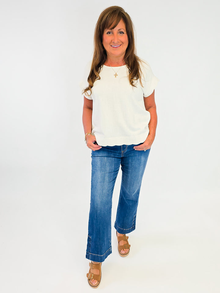 SCALLOP HEM LINEN BLEND TOP - OATMEAL