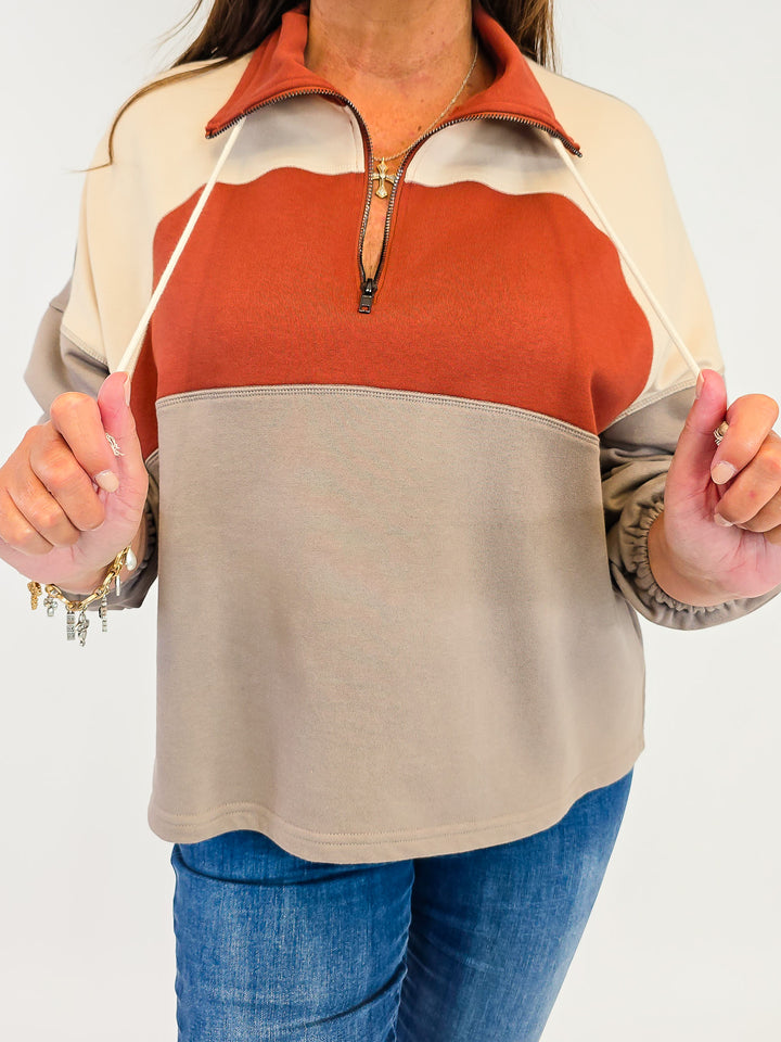HALF ZIP COLOR BLOCK PULLOVER TOP - OTTER